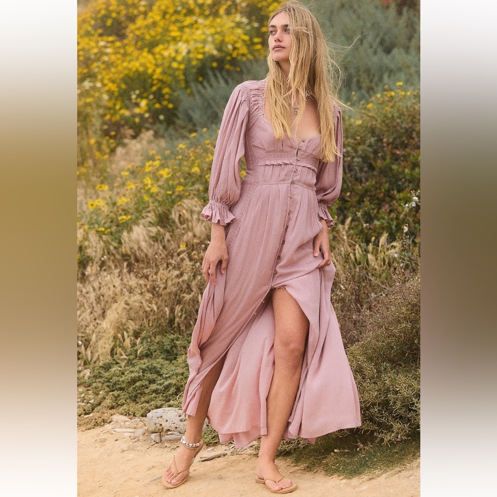NWOT Free People Magdalia Maxi Dress Button-up In Pale Mauve Size XS